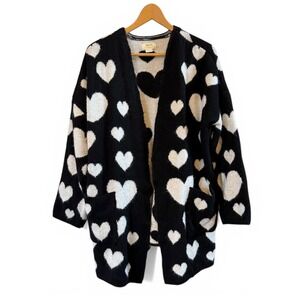 Maeve Anthropologie Black/White Hearts Soft Fuzzy Open Long Cardigan Sweater M/L